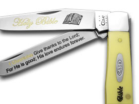W.R. Case XX Knives Holy Bible 1 Chronicles Yellow Synthetic Trapper 1/500 Pocket Knife Y-HB/1 CHRONICLES