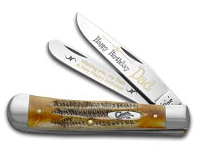 W.R. Case XX Knives Happy Birthday Dad 6.5 Bone Stag Trapper 1/999 Stainless Pocket Knife 6.5-HBD
