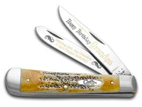 W.R. Case XX Knives Happy Birthday Grandpa 6.5 Bone Stag Trapper 1/999 Stainless Pocket Knife 6.5-HBGP