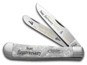 W.R. Case XX Knives Happy Anniversary Mom And Dad White Pearl Corelon Trapper 1/999 Stainless Pocket Knife HP-HAMD