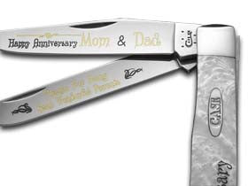 W.R. Case XX Knives Happy Anniversary Mom And Dad White Pearl Corelon Trapper 1/999 Stainless Pocket Knife HP-HAMD