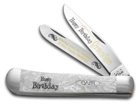 W.R. Case XX Knives Happy Birthday Grandpa Smooth White Pearl Corelon Trapper 1/999 Stainless Pocket Knife HP-HBGP