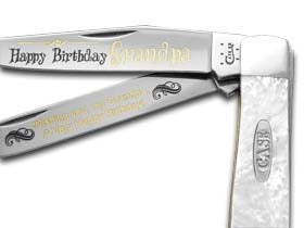 W.R. Case XX Knives Happy Birthday Grandpa Smooth White Pearl Corelon Trapper 1/999 Stainless Pocket Knife HP-HBGP