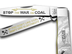 W.R. Case XX Knives White Pearl Corelon Stop War on Coal 1/600 Trapper Pocket Knife HP-STWOC