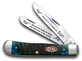 W.R. Case XX Knives Jigged Blue Bone World's Greatest Son 1/600 Trapper Pocket Knife BB-SON