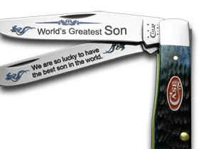 W.R. Case XX Knives Jigged Blue Bone World's Greatest Son 1/600 Trapper Pocket Knife BB-SON