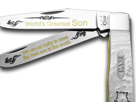 W.R. Case XX Knives White Pearl Corelon World's Greatest Son 1/600 Trapper Pocket Knife HP-SON