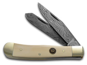 Hen & Rooster Damascus Steel Ivory Fossil Trapper Pocket Knife 312DAM/IVORY