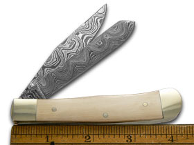 Hen & Rooster Damascus Steel Ivory Fossil Trapper Pocket Knife 312DAM/IVORY