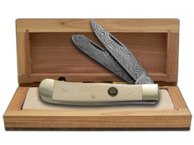 Hen & Rooster Damascus Steel Ivory Fossil Trapper Pocket Knife 312DAM/IVORY