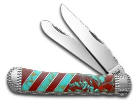 W.R. Case XX Knives Painted Pony Blue & Red Turquoise Trapper 1/50 Stainless Custom TRAPPER PAINTED PO TURQ RED