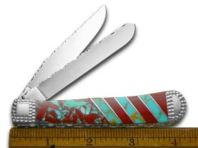 W.R. Case XX Knives Painted Pony Blue & Red Turquoise Trapper 1/50 Stainless Custom TRAPPER PAINTED PO TURQ RED