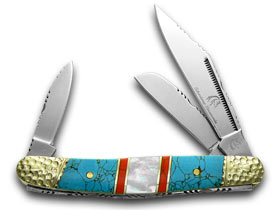 Silverhorse Stoneworks™ Wrangler Stockman Blue Turquoise, Red Jasper and Genuine Mother of Pearl 440 Stainless Steel Pocket Knife