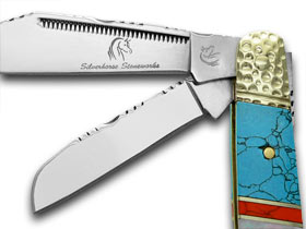 Silverhorse Stoneworks™ Wrangler Stockman Blue Turquoise, Red Jasper and Genuine Mother of Pearl 440 Stainless Steel Pocket Knife