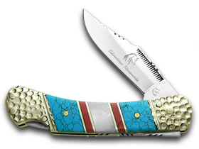 Silverhorse Stoneworks™ Warrior Lockback Blue Turquoise, Red Jasper and Genuine Mother of Pearl 440 Stainless Steel Pocket Knife
