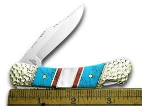 Silverhorse Stoneworks™ Warrior Lockback Blue Turquoise, Red Jasper and Genuine Mother of Pearl 440 Stainless Steel Pocket Knife