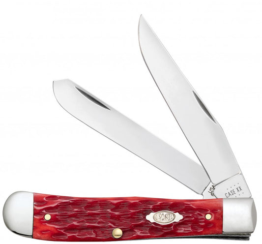 W.R. Case XX Knives Peach Seed Jigged Dark Red Bone Trapper Carbon Steel Pocket Knife Clip 31957