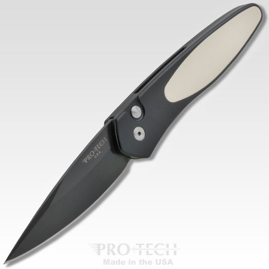 Pro-Tech Knives, LLC™ Newport Auto 3452 Black 6061-T6 Aluminum and White Micarta CPM S35VN Stainless Steel Pocket Knife