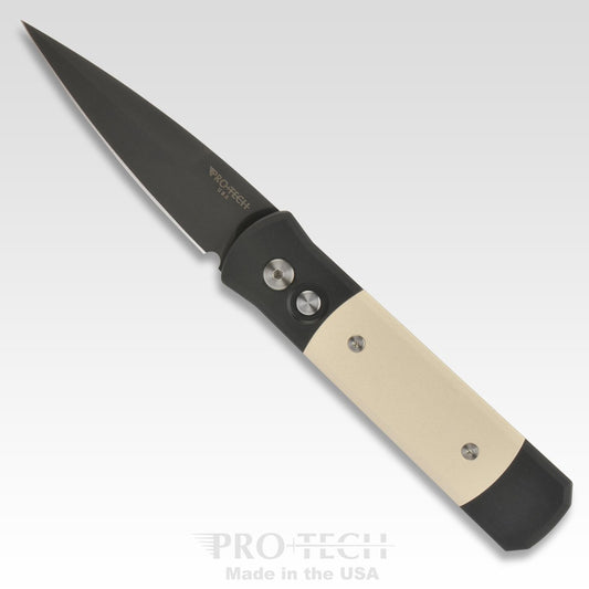 Pro-Tech Knives, LLC™ Godson Auto 752 Black 6061-T6 Aluminum and White Micarta 154CM Stainless Steel Pocket Knife
