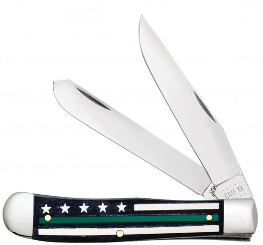 W.R. Case XX Knives Black Color Wash Bone Green Line Stripes of Service Flag Trapper Pocket Knife 09575
