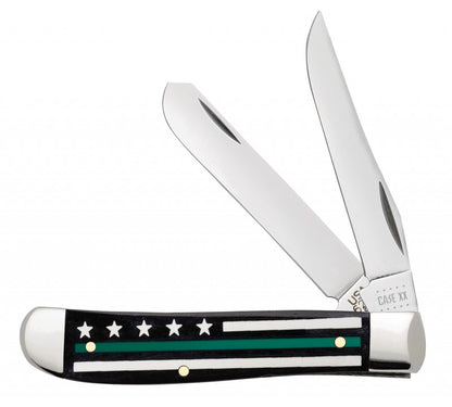 W.R. Case XX Knives Black Color Wash Natural Bone Green Line Stripes of Service Mini Trapper Pocket Knife 09576