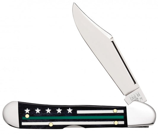 W.R. Case XX Knives Black Color Wash Bone Green Line Stripes of Service Mini Copperlock Pocket Knife 09577