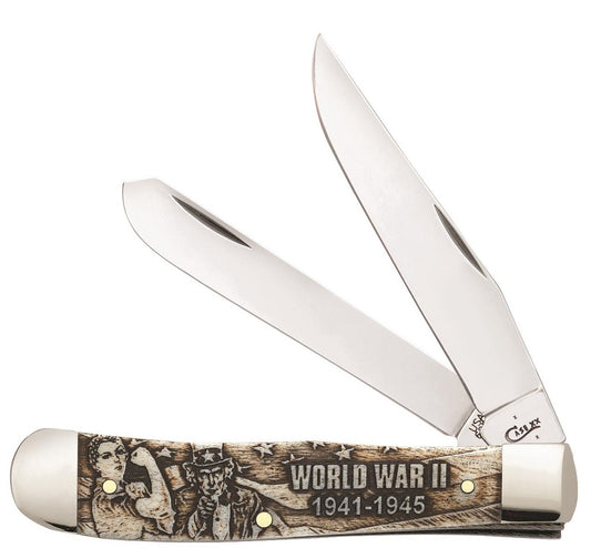 W.R. Case XX Knives World War 2 Embellished Natural Bone Trapper Stainless Pocket Knife 22030