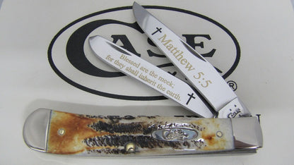 W.R. Case XX Knives Holy Bible Matthew 5:5 6.5 Bone Stag Trapper Stainless Pocket Knife 6.5-M55