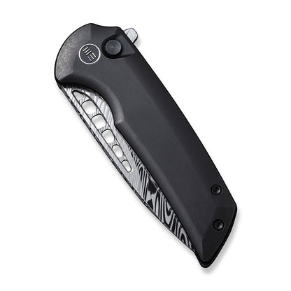 WE Knife Co., Ltd™ Mini Malice Button Lock WE054BL-DS1 Black 6AL4V Titanium Heimskringla Damasteel Pocket Knife