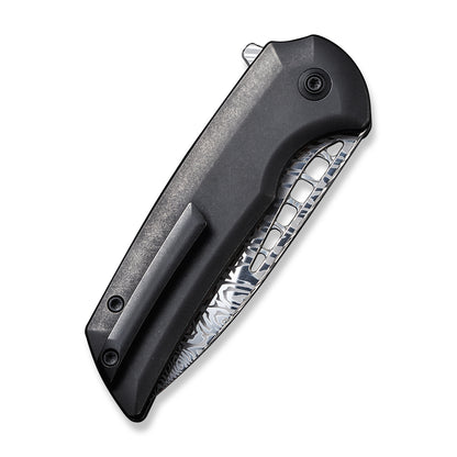 WE Knife Co., Ltd™ Mini Malice Button Lock WE054BL-DS1 Black 6AL4V Titanium Heimskringla Damasteel Pocket Knife