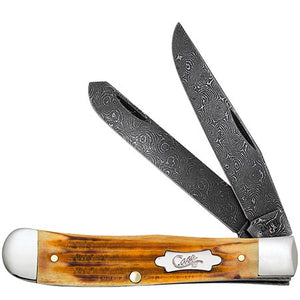 W.R. Case XX Knives Trapper Jigged Burnt Goldenrod Bone 52420 Damascus Pocket Knife