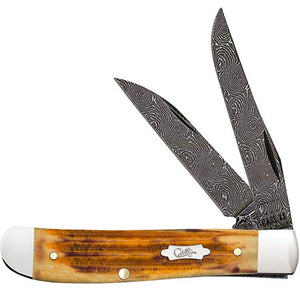 W.R. Case XX Knives Mini Trapper Jigged Burnt Goldenrod Bone 52422 Damascus Pocket Knife