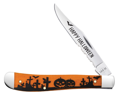 W.R. Case XX Knives Slimline Trapper Halloween Orange Bone 10631 Serrated Pocket Knife