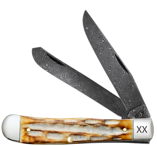 W.R. Case XX Knives Trapper Jigged Burnt Natural Bone 27230 Damascus Pocket Knife