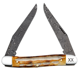 W.R. Case XX Knives Muskrat Jigged Burnt Natural Bone 27231 Damascus Pocket Knife