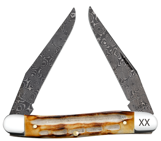 W.R. Case XX Knives Muskrat Jigged Burnt Natural Bone 27231 Damascus Pocket Knife