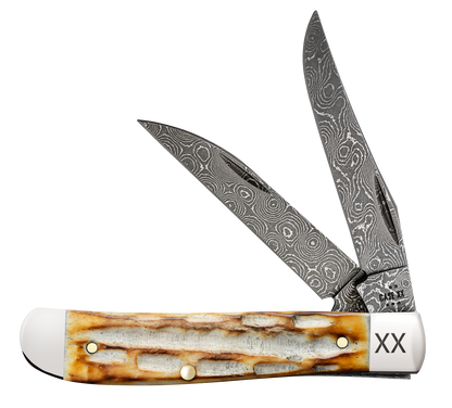 W.R. Case XX Knives Mini Trapper Burnt Natural Bone 27233 Damascus Pocket Knife