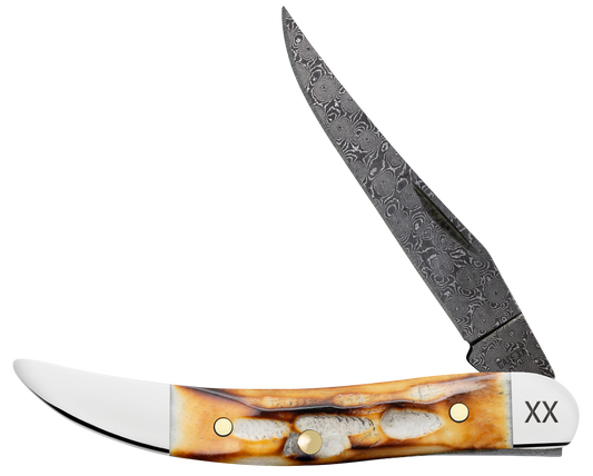 W.R. Case XX Knives Texas Toothpick Burnt Natural Bone 27236 Damascus Pocket Knife