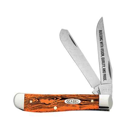 Trapper knife with orange handle and silver blade on a white background