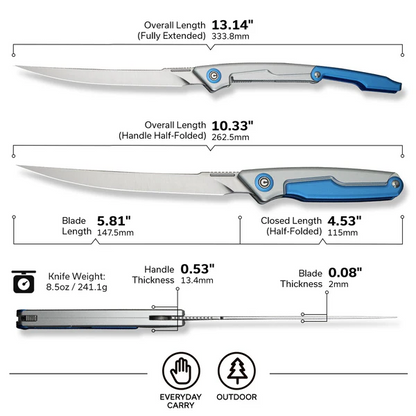 CIVIVI Knives™ Shawka Folding Fillet Liner Lock C22029B-2 Blue & Silver Anodized Aluminum 14C28N Stainless Steel Knife