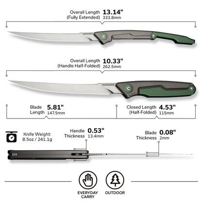 CIVIVI Knives™ Shawka Folding Fillet Liner Lock C22029B-3 Green & Gray Anodized Aluminum 14C28N Stainless Steel Knife
