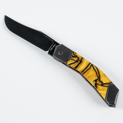 Jack Wolf Knives™ Bionic Jack Frame Lock BIONI-01-KIR-LQD-GLD Liquid Gold Kirinite S90V Stainless Steel Pocket Knife