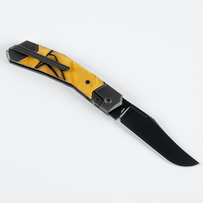 Jack Wolf Knives™ Bionic Jack Frame Lock BIONI-01-KIR-LQD-GLD Liquid Gold Kirinite S90V Stainless Steel Pocket Knife