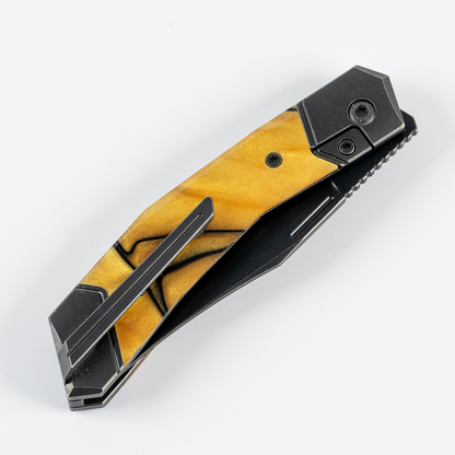 Jack Wolf Knives™ Bionic Jack Frame Lock BIONI-01-KIR-LQD-GLD Liquid Gold Kirinite S90V Stainless Steel Pocket Knife