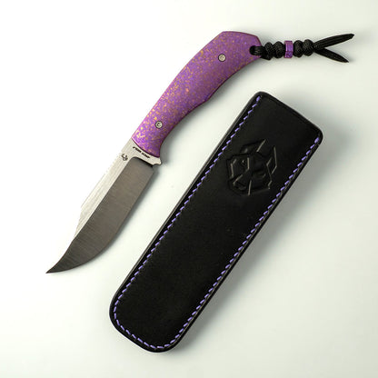 Jack Wolf Knives™ Bordertown Bowie Fixed Blade BORDE-01-TI-CRYS-PUR Crystalized Purple Anodized Titanium S90V Stainless Steel Knife