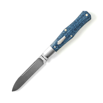 Jack Wolf Knives™ Gateway Coffin COFFI-01-VIB-LIN-DEN Vibe Denim Linen Micarta Sandvik 14C28N Stainless Steel Pocket Knife