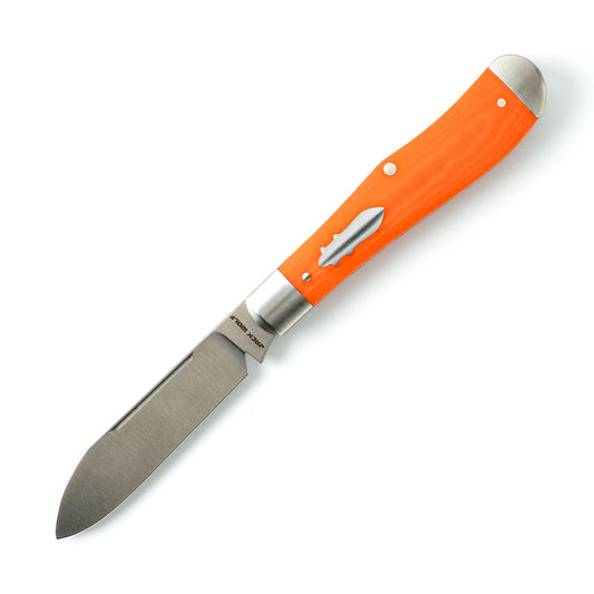 Jack Wolf Knives™ Eureka EUREK-01-VIB-LIN-BEN Vibe Bengal Orange Linen Micarta Sandvik 14C28N Stainless Steel Pocket Knife