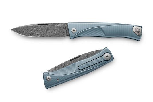 LionSteel Knives™ Thrill Slip-joint TL D BL Blue 6AI4V Titanium Stainless Damascus Steel Pocket Knife