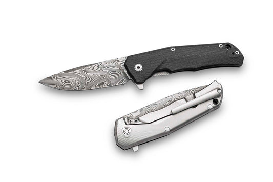 LionSteel Knives™ TRE Frame Lock TRE DT Carbon Fiber and 6AI4V Titanium Stainless Damascus Steel Pocket Knife