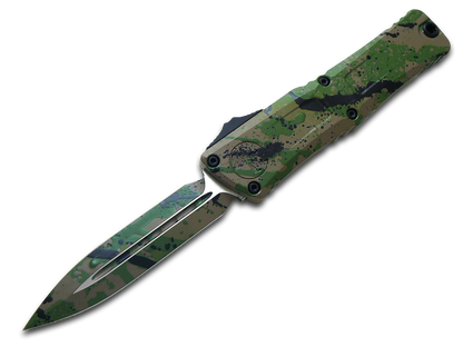 Microtech Knives, LLC™ Combat Troodon D/E OTF 1142-1ODTA BKSPLS OD Green & Tan Black Splatter Camo 7075-T6 Aluminum M390MK Stainless Steel Pocket Knife